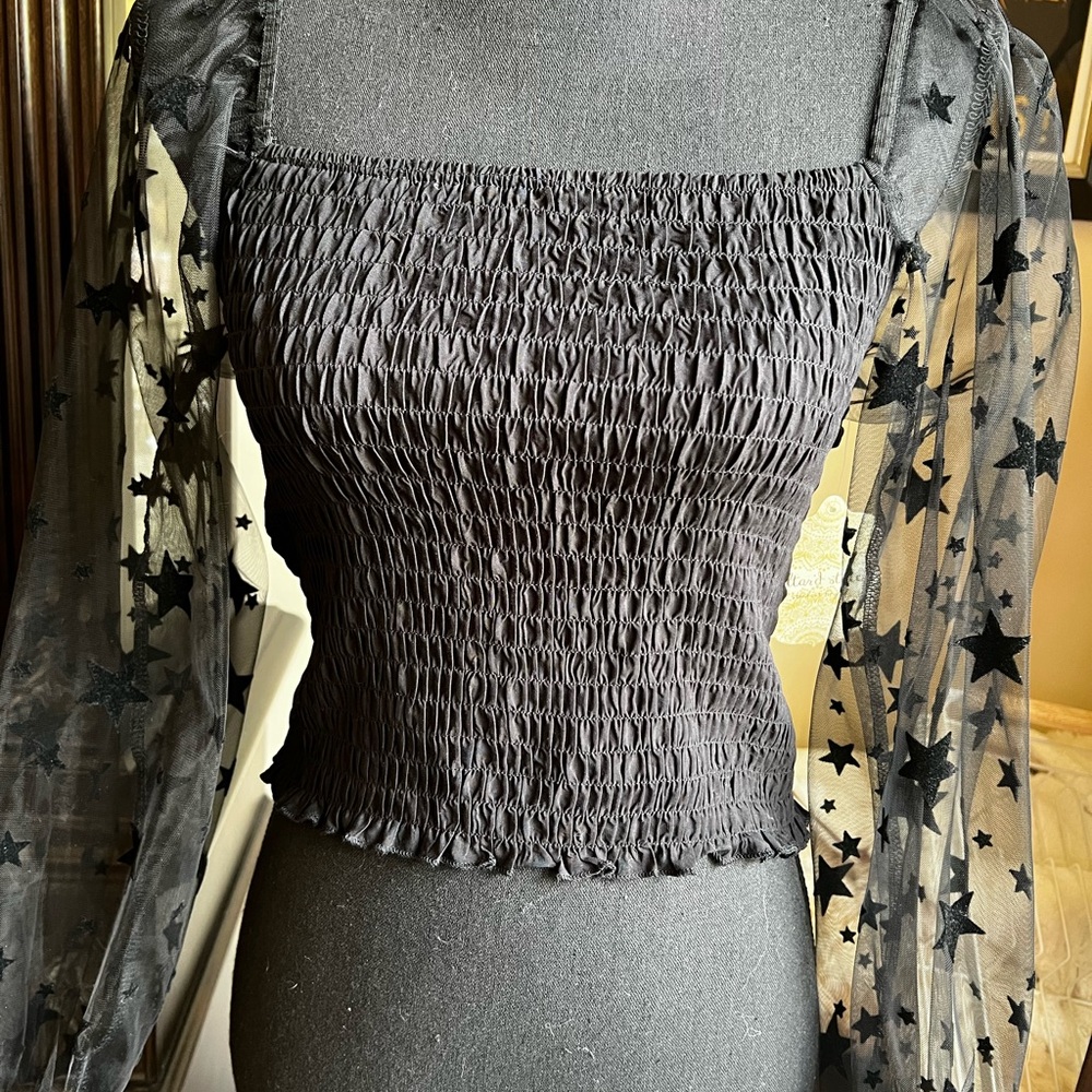 Altar'd State Black Smocked Long Sleeve Blouse